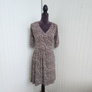 NWT George Wrap Dress Womens Black Tan Brown Dot Print 3/4 Sleeve’s V-Neck S 4/6